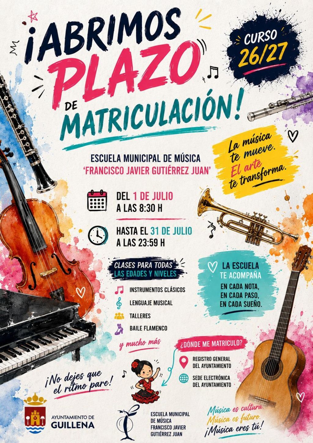 Comienza el plazo de matriculación para el curso 2026-27 en la Escuela Municipal de Música Villa de Guillena ‘Francisco Javier Gutiérrez Juan’
