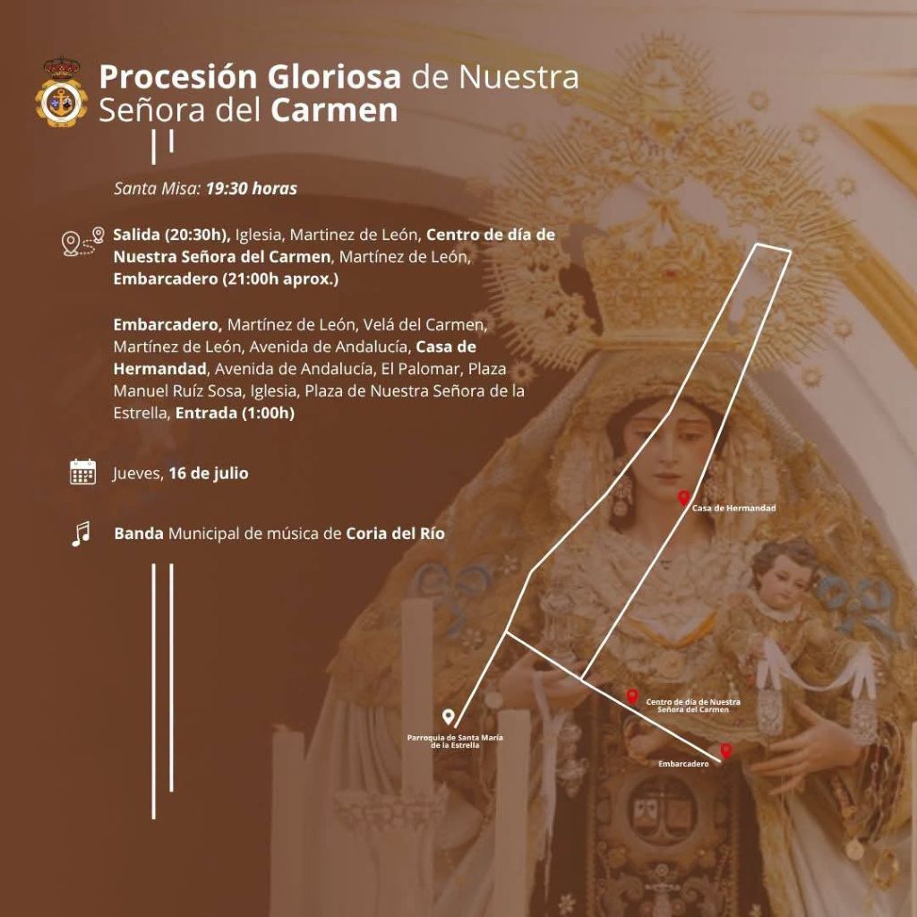 Coria del Río se prepara para la solemne procesión de la Virgen del Carmen con su tradicional recorrido por el Guadalquivir