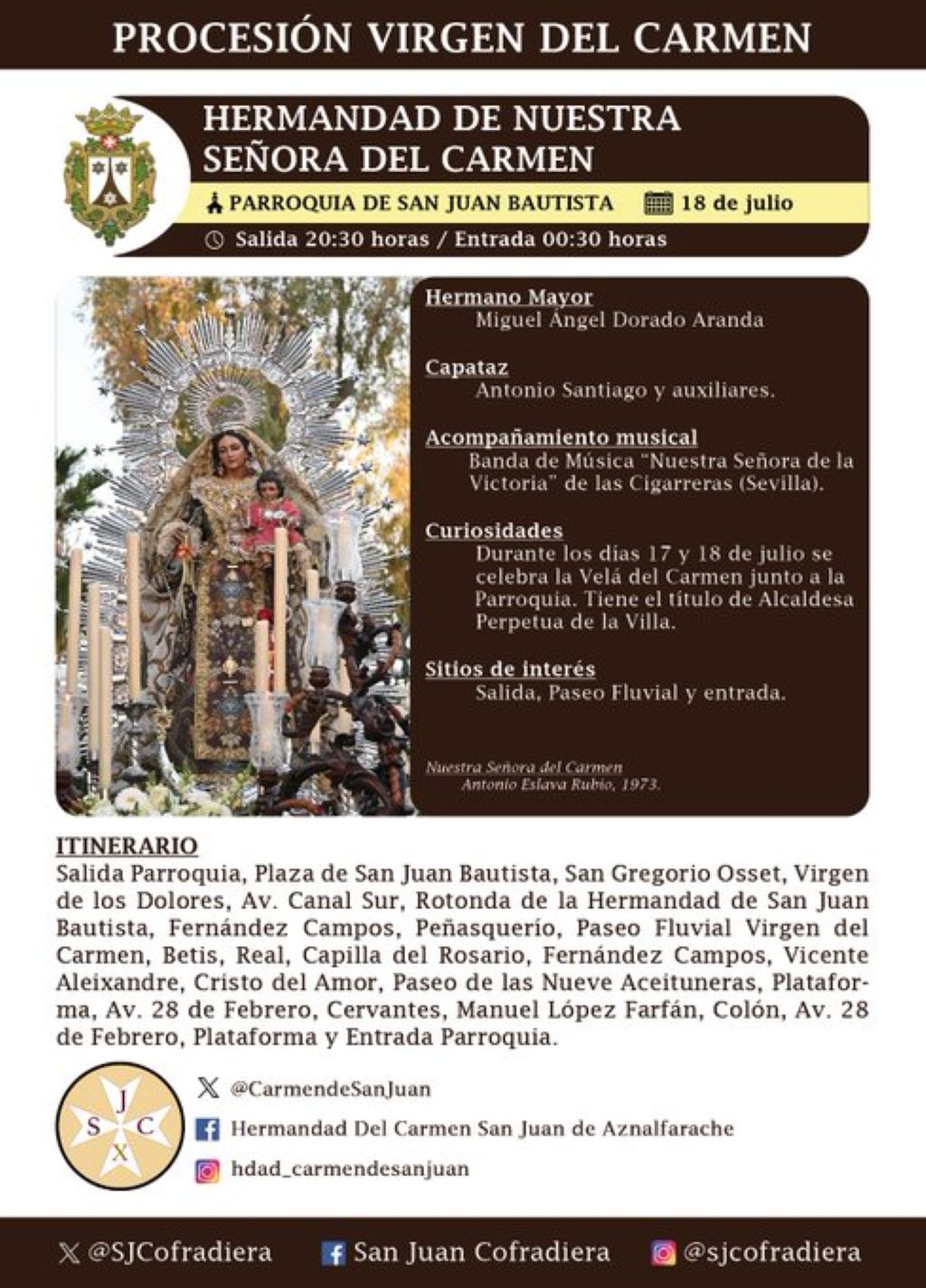 Itinerario y horario de la salida procesional 2026 de la Virgen del Carmen en San Juan de Aznalfarache