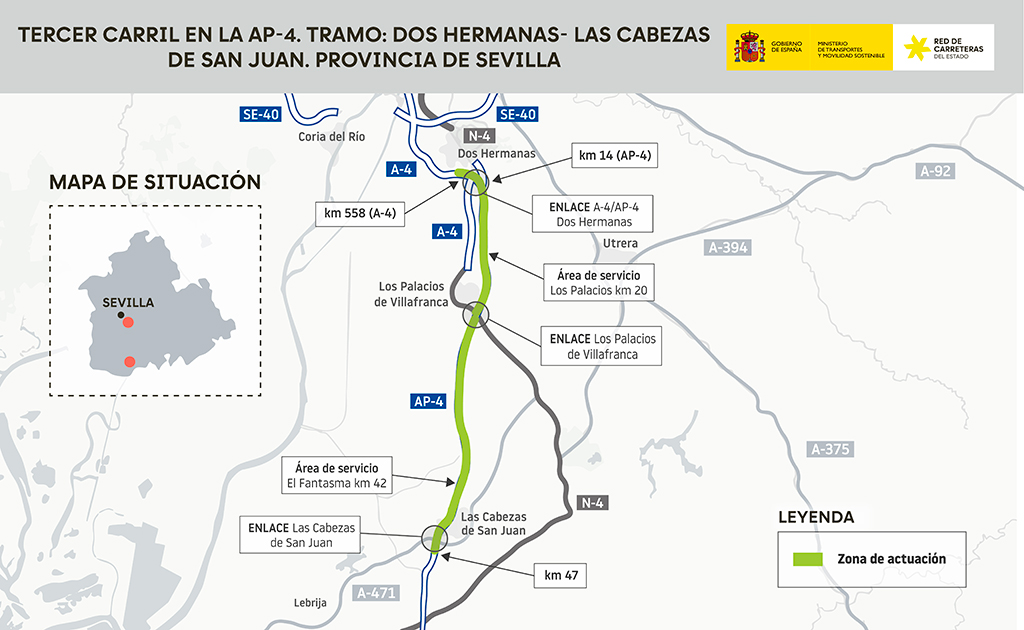 Aprobado el documento técnico del proyecto del tercer carril en la AP-4 entre Dos Hermanas y Las Cabezas